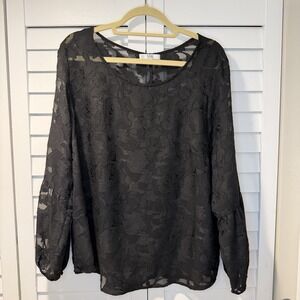 Q&A Black Floral Burnout Blouse Women XXL Sheer Long Sleeve Scoop Neck Top‎